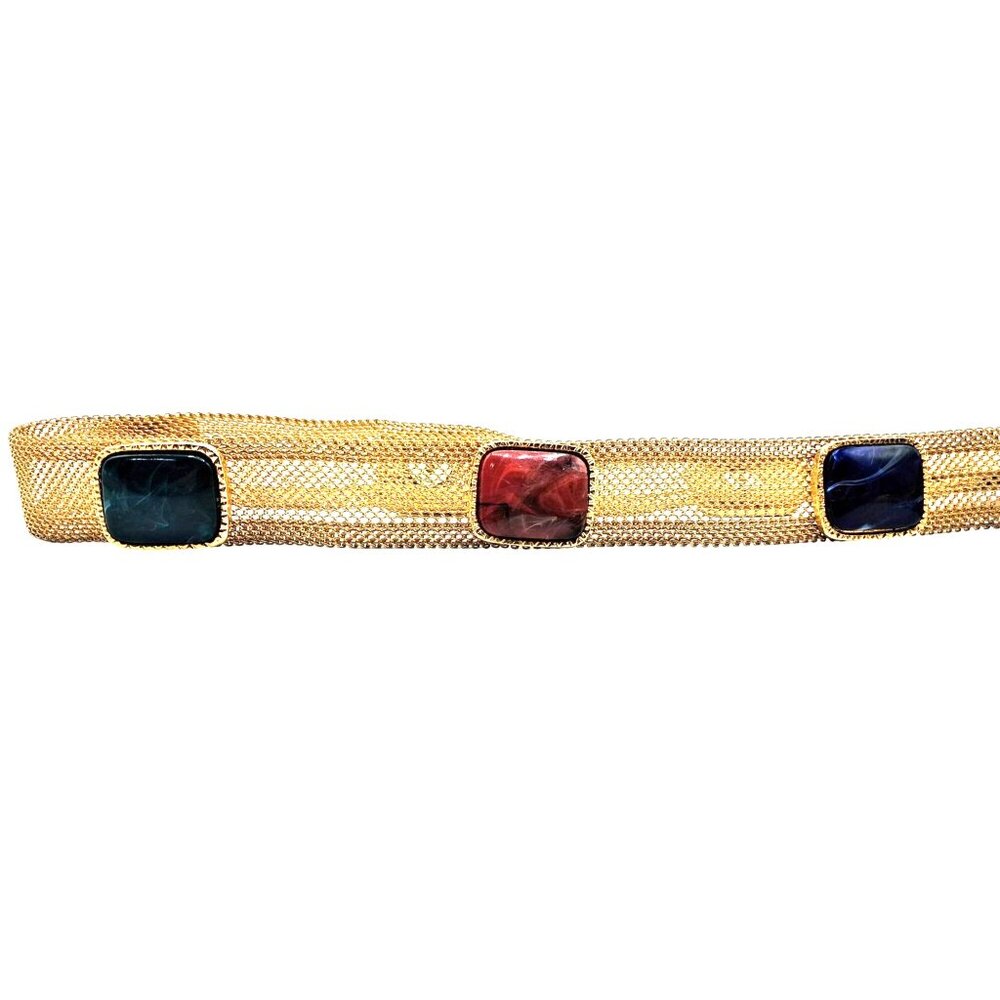 Vintage 1970s/80s Gold Mesh Statement Belt with Multicolor Poured Glass Cabochon - Picture 3 of 8